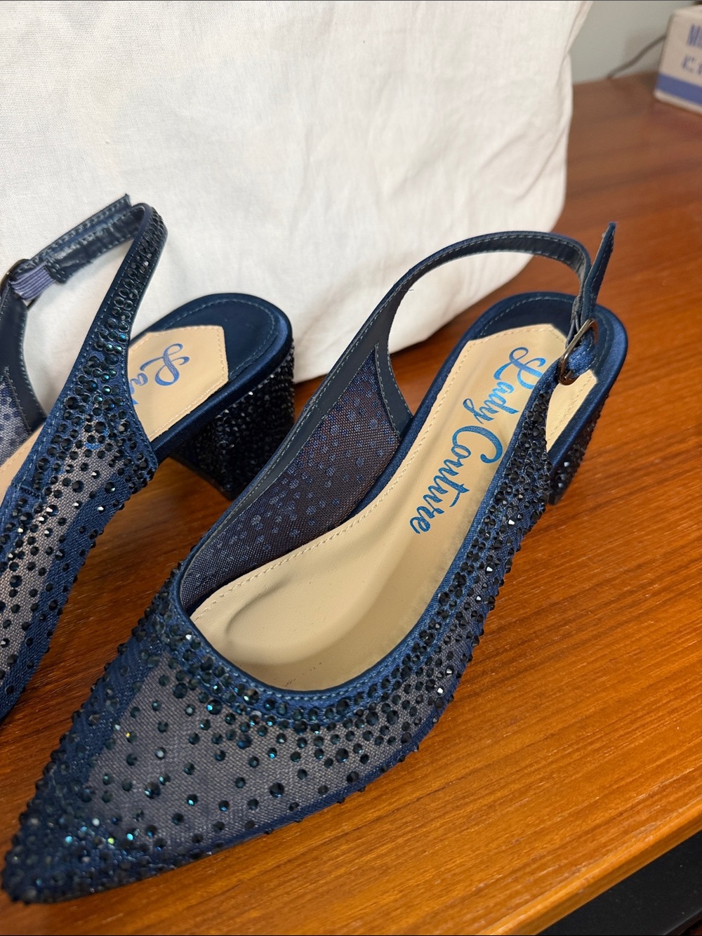 Lady Couture Navy Crystal Slingback Block Heels with Pointed Toe - Picture 2 of 5